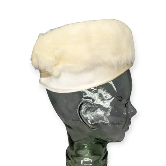 Vintage Ivory Rabbit Fur Pill Box Hat with Rhinestone Accent - Picture 7 of 12
